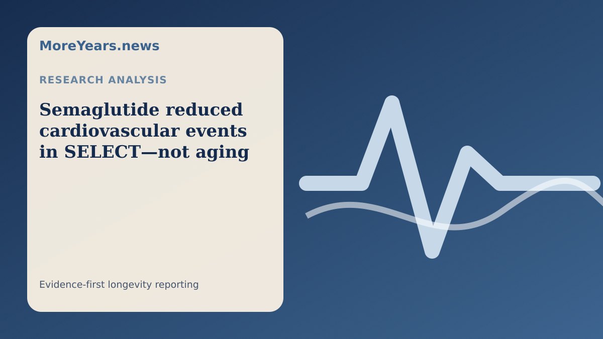 Abstract MoreYears.news editorial illustration for “Semaglutide reduced cardiovascular events in SELECT—not aging”.