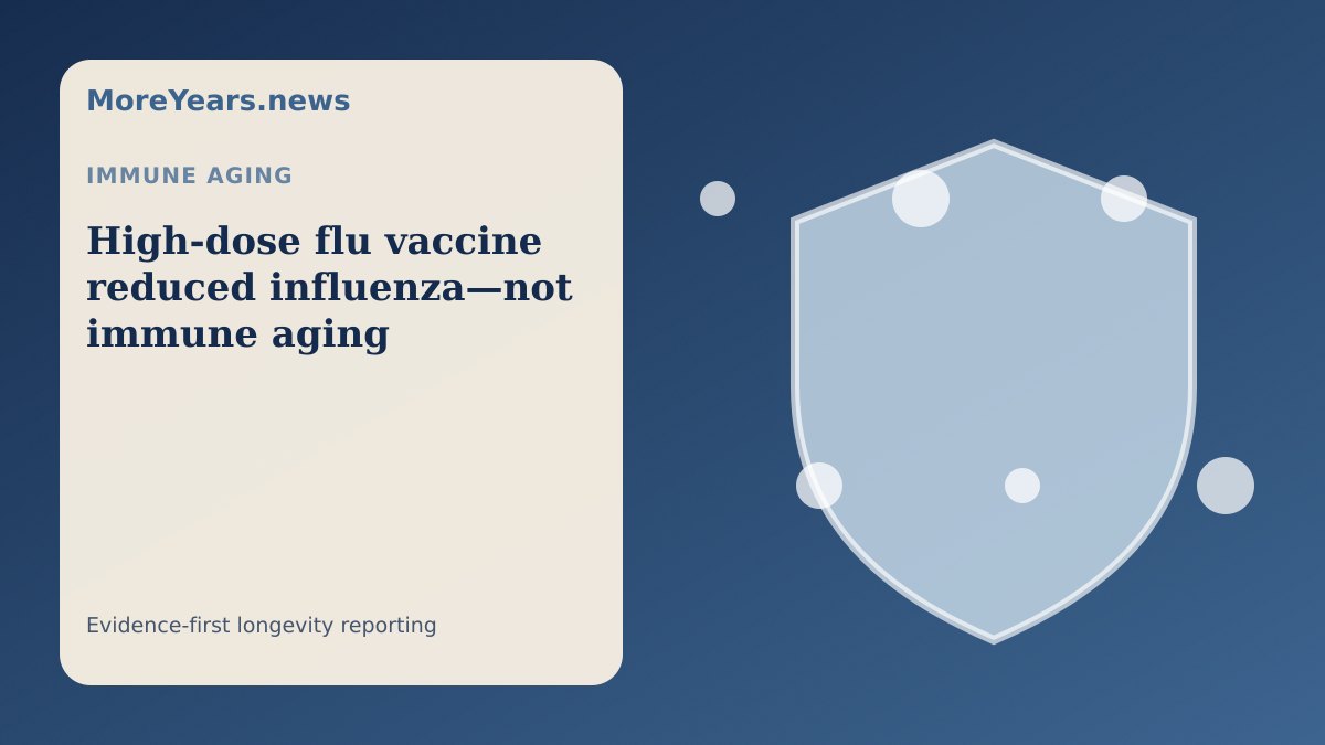 Abstract MoreYears.news editorial illustration for “High-dose flu vaccine reduced influenza—not immune aging”.
