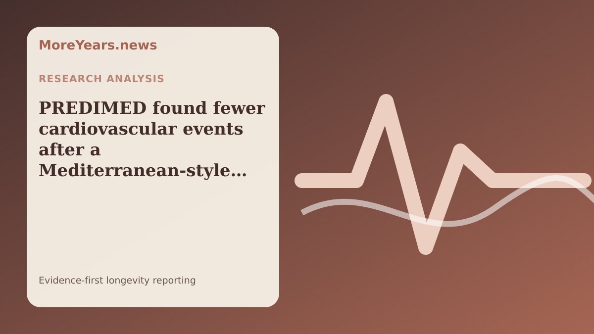 Abstract MoreYears.news editorial illustration for “PREDIMED found fewer cardiovascular events after a Mediterranean-style diet—with a correction history”.