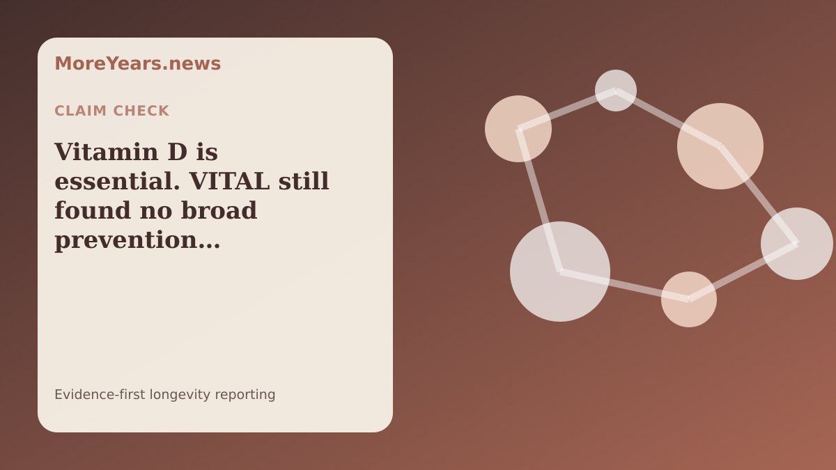 Abstract MoreYears.news editorial illustration for “Vitamin D is essential. VITAL still found no broad prevention benefit”.
