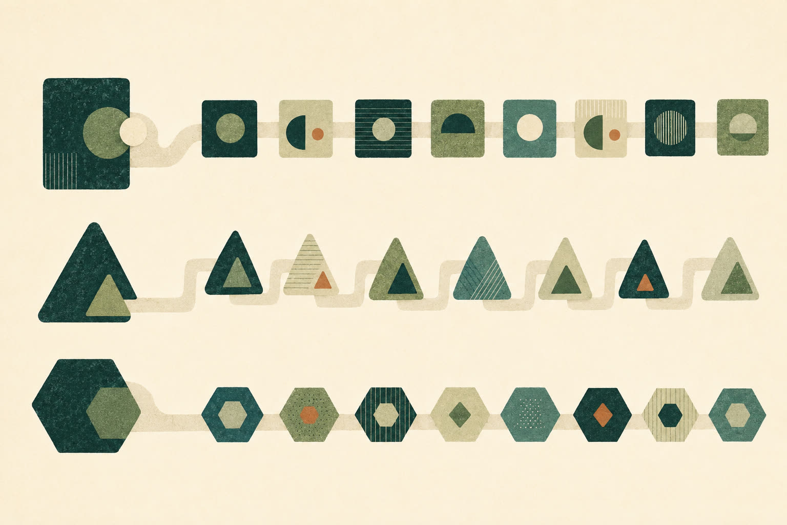 Three horizontal sequences repeat squares, triangles, and hexagons with small pattern variations.