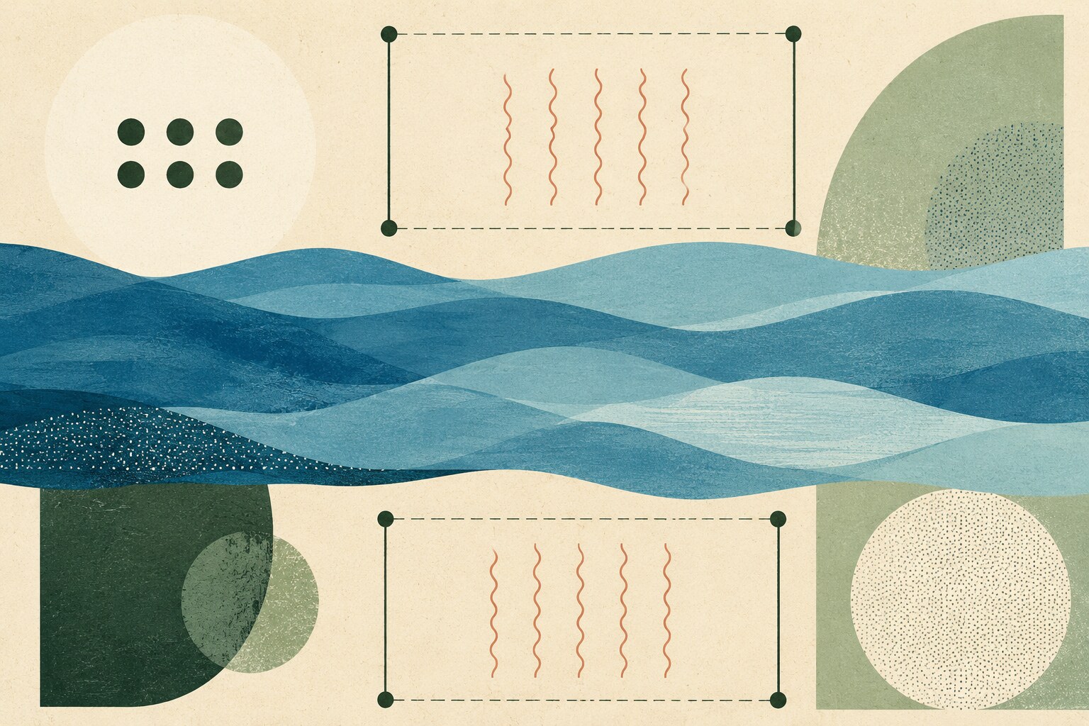 Layered blue water bands cross two bounded measurement fields beside a small group of neutral markers.