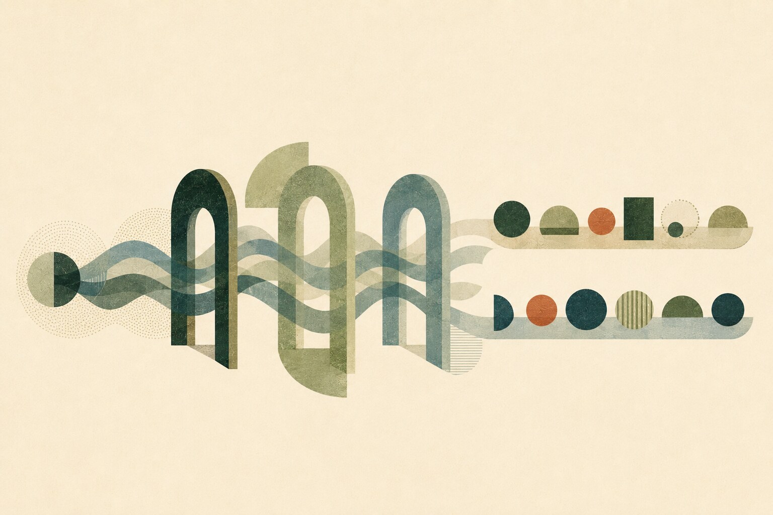 Layered teal airflow bands cross an arch while two rust and sage marker lanes remain visually separate.