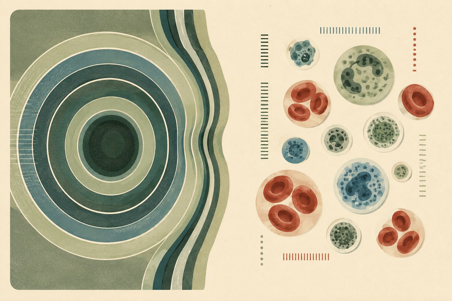 Concentric pressure bands remain separate from a finite field of varied blood-cell measurement motifs.