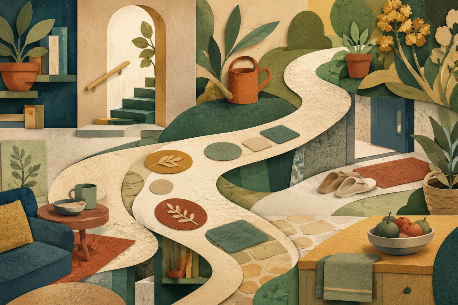 Abstract paper-cut domestic landscape with a continuous path weaving balance and strength cues into everyday places.